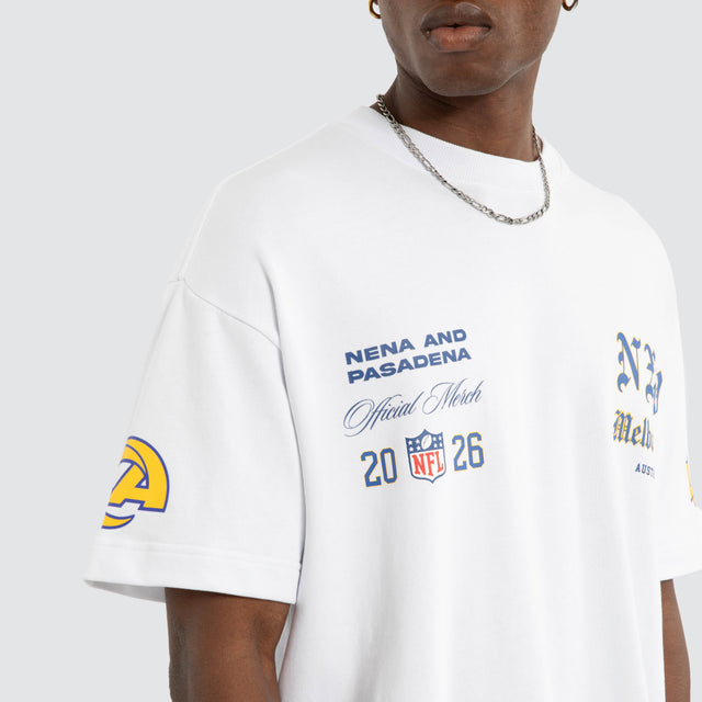 Model wears Los Angeles Rams NFL Melbourne City Loopback Raptor Tee Optical White Nena and Pasadena NFL White – image 6