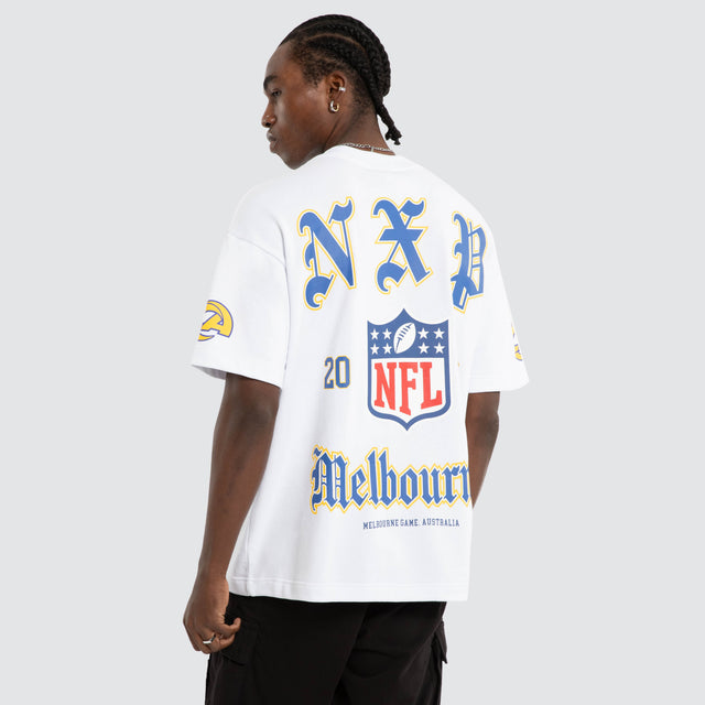 Model wears Los Angeles Rams NFL Melbourne City Loopback Raptor Tee Optical White Nena and Pasadena NFL White – image 7