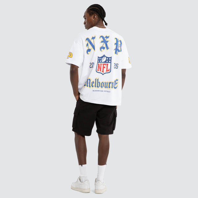 Model wears Los Angeles Rams NFL Melbourne City Loopback Raptor Tee Optical White Nena and Pasadena NFL White – image 8