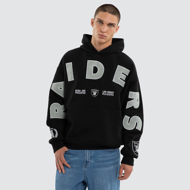 Model wears Las Vegas Raiders NFL Arch Hoodie Jet Black Hoodies Black – image 5