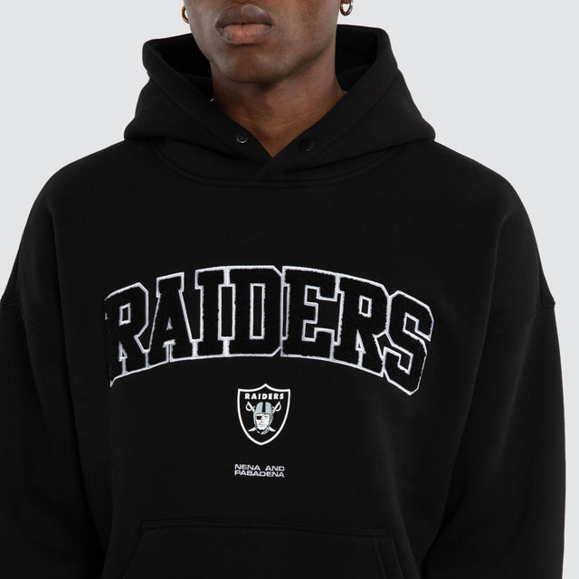 Model wears Las Vegas Raiders NFL Athletic Box Fit Hoodie Jet Black Nena and Pasadena NFL Black – image 7