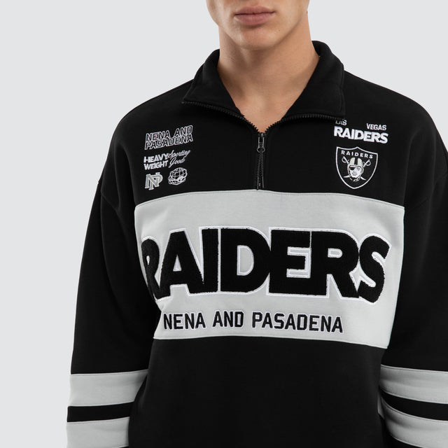 Model wears Las Vegas Raiders NFL Panel Pullover Jet Black/Silver Jumpers Black – image 5