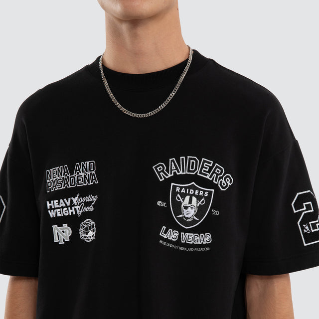 Model wears Las Vegas Raiders NFL Founded Loopback Tee Jet Black T-Shirts Black – image 4