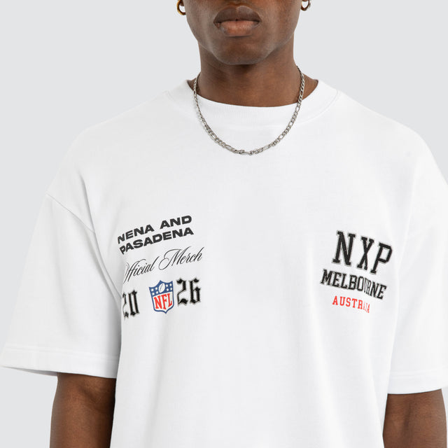 Model wears Melbourne City Loopback Raptor Tee Optical White Nena and Pasadena NFL White – image 6