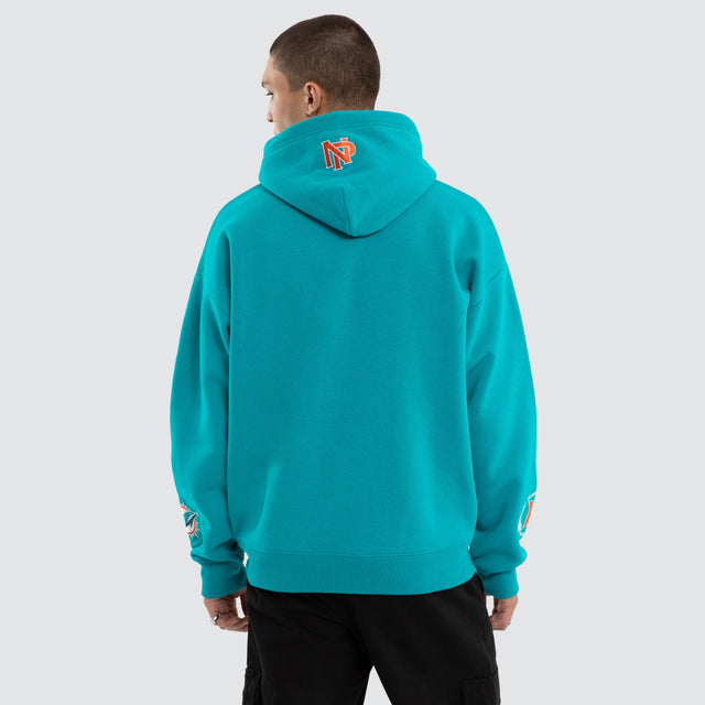 Model wears Miami Dolphins NFL Arch Hoodie Aqua Hoodies Green – image 3