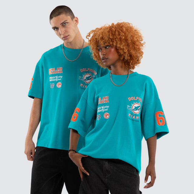 Model wears Miami Dolphins NFL Founded Loopback Tee Aqua T-Shirts Blue – image 1