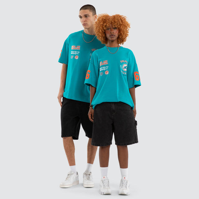 Model wears Miami Dolphins NFL Founded Loopback Tee Aqua T-Shirts Blue – image 2