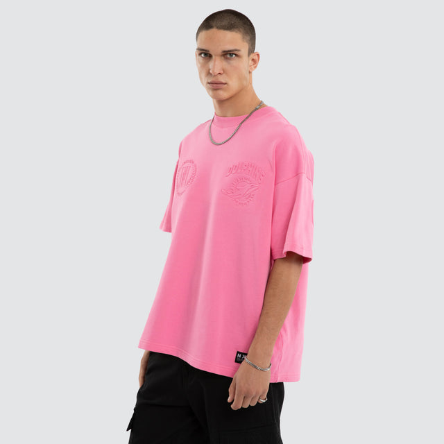 Model wears Miami Dolphins NFL Crest Loopback Tee Pink T-Shirts Pink – image 4