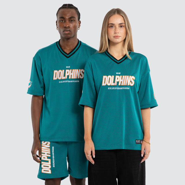 Model wears Miami Dolphins NFL Dual Mesh Tee Aqua Nena and Pasadena NFL Green – image 1