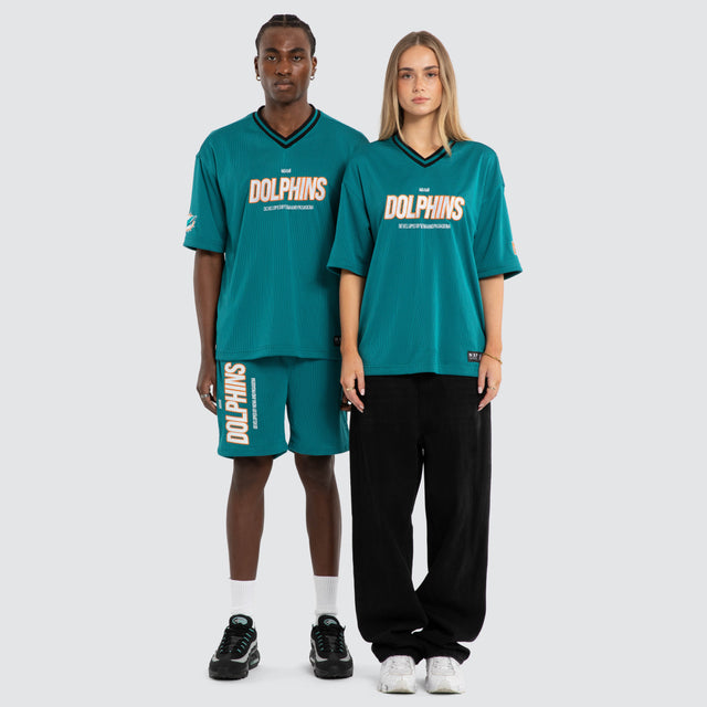 Model wears Miami Dolphins NFL Dual Mesh Tee Aqua Nena and Pasadena NFL Green – image 3