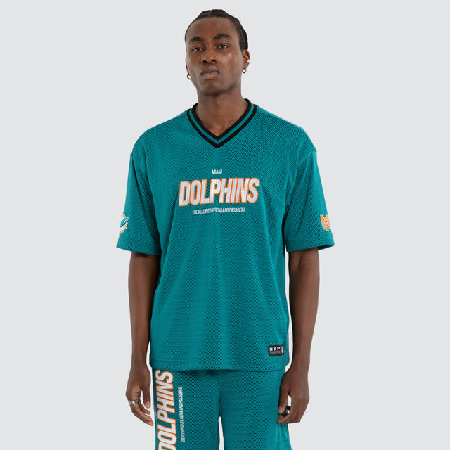 Model wears Miami Dolphins NFL Dual Mesh Tee Aqua Nena and Pasadena NFL Green – image 4