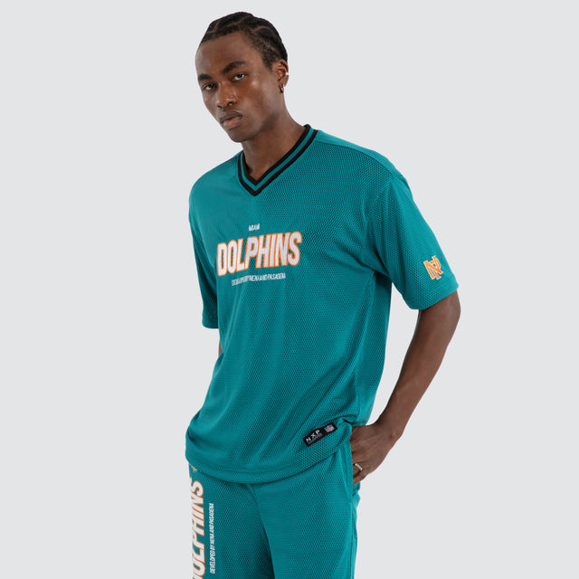 Model wears Miami Dolphins NFL Dual Mesh Tee Aqua Nena and Pasadena NFL Green – image 5