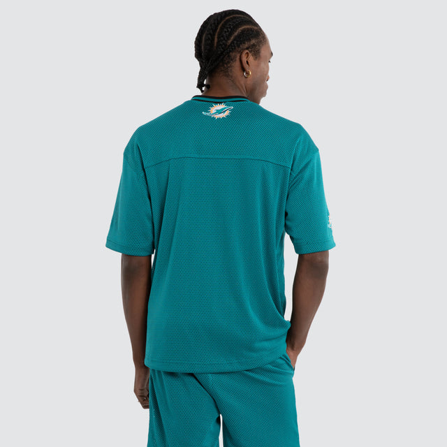 Model wears Miami Dolphins NFL Dual Mesh Tee Aqua Nena and Pasadena NFL Green – image 7