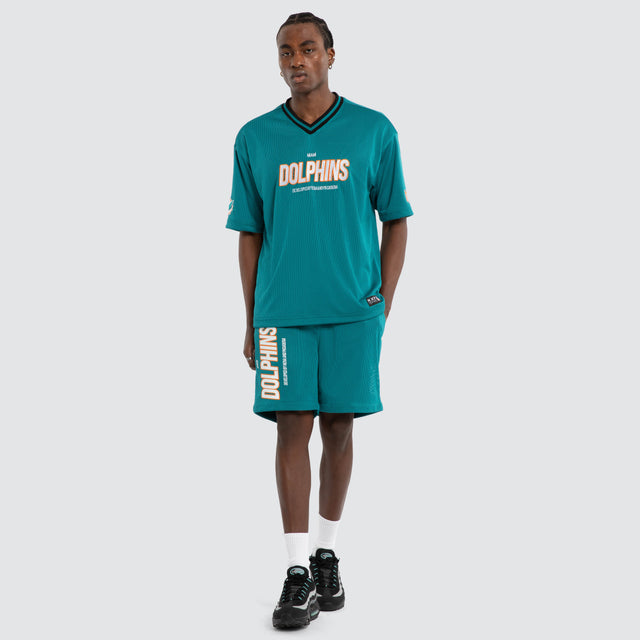 Model wears Miami Dolphins NFL Dual Mesh Tee Aqua Nena and Pasadena NFL Green – image 2