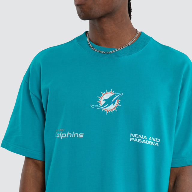 Model wears Miami Dolphins NFL Loopback Raptor Tee Teal Nena and Pasadena NFL Green – image 6