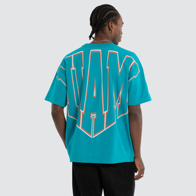 Model wears Miami Dolphins NFL Loopback Raptor Tee Teal Nena and Pasadena NFL Green – image 1