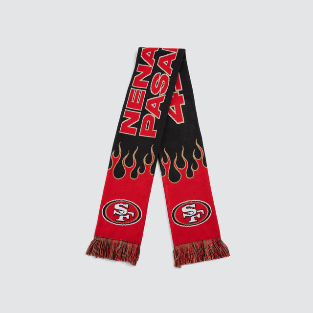Model wears San Fransisco 49ers NFL Fringe Scarf 49ers Red Nena and Pasadena NFL Red – image 1