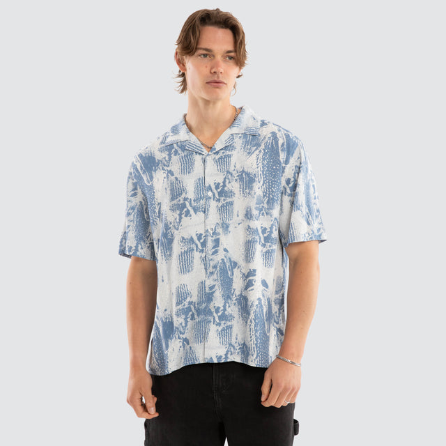 Banksia Cropped Resort Shirt Blue Brush Print