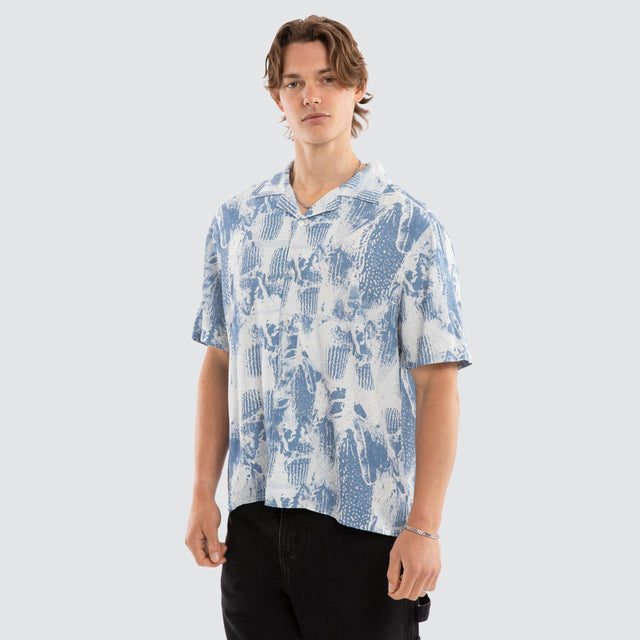 Banksia Cropped Resort Shirt Blue Brush Print