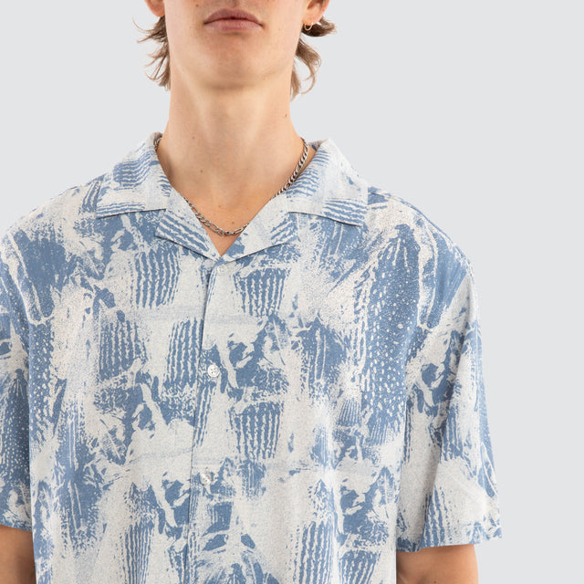 Banksia Cropped Resort Shirt Blue Brush Print