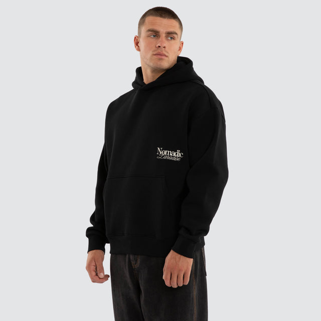 Model wears Retreat Oversized Hoodie Jet Black Hoodies Black – image 3