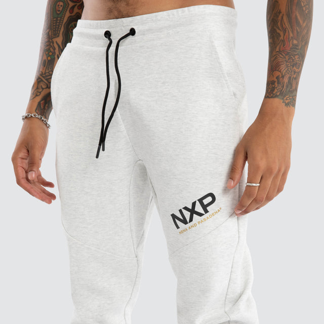 model wears Turret Slim Trackpant Grey Marle Trackpants Grey - image 3