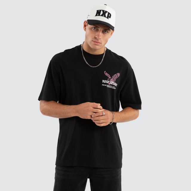 model wears Simulation Box Fit Tee Jet Black T-Shirts Black - image 3