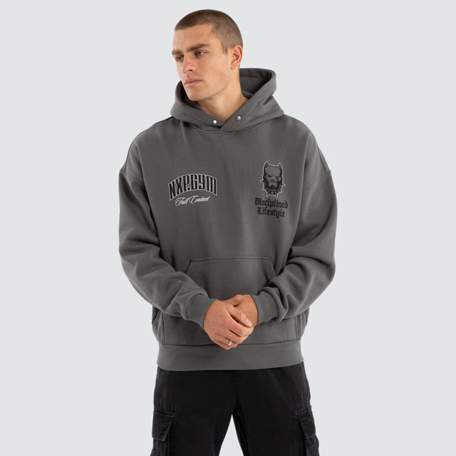 model wears Inertia Box Fit Hoodie Charcoal Hoodies Grey - image 3