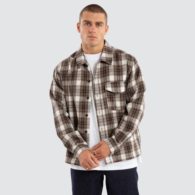 model wears Prime Overshirt Tan Check Long Sleeve Shirts Sand - image 1