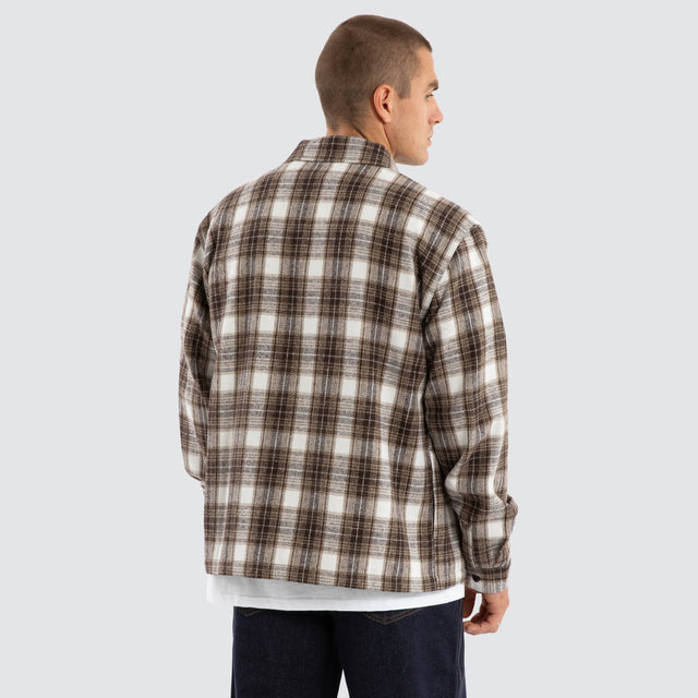 model wears Prime Overshirt Tan Check Long Sleeve Shirts Sand - image 3