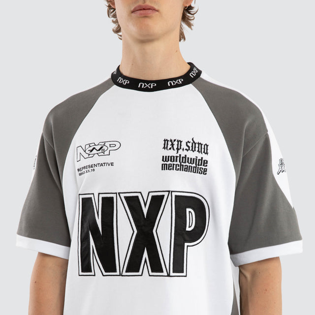 Model wears Legend Loopback Oversized Tee White / Charcoal T-Shirts White – image 3