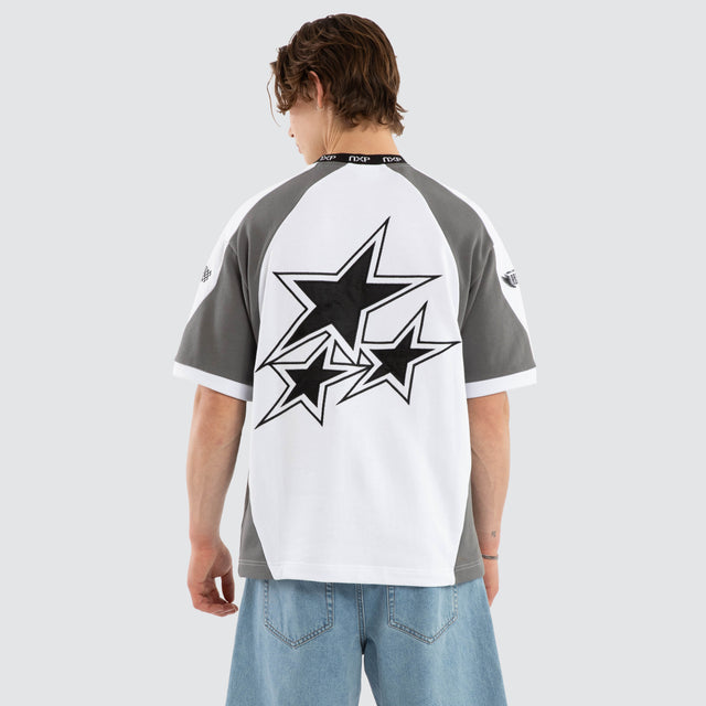 Model wears Legend Loopback Oversized Tee White / Charcoal T-Shirts White – image 4