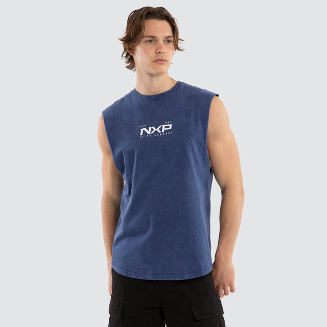 Model wears Deliberate Dual Curved Muscle Acid Wash Mazarine Blue Muscle Tees Blue – image 3