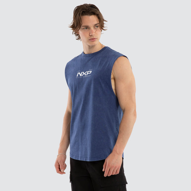 Model wears Deliberate Dual Curved Muscle Acid Wash Mazarine Blue Muscle Tees Blue – image 5