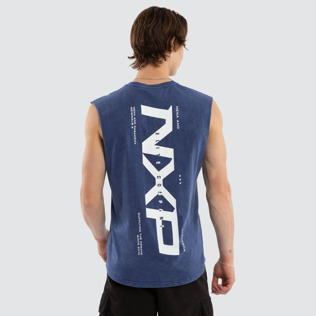Model wears Deliberate Dual Curved Muscle Acid Wash Mazarine Blue Muscle Tees Blue – image 1
