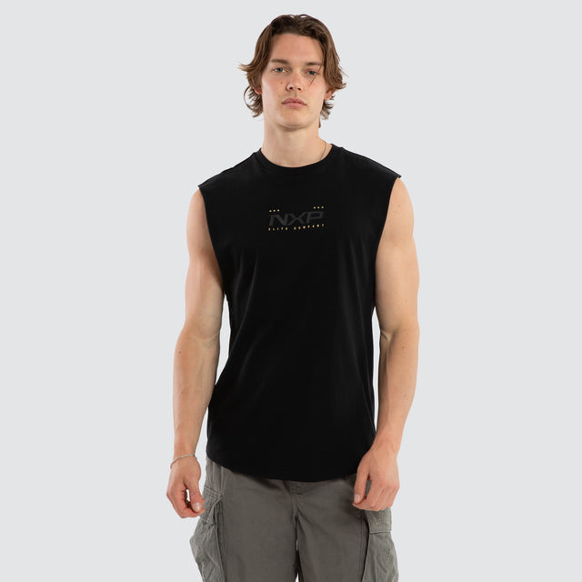 Model wears Deliberate Dual Curved Muscle Jet Black Muscle Tees Black – image 2