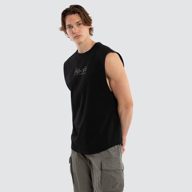 Model wears Deliberate Dual Curved Muscle Jet Black Muscle Tees Black – image 3