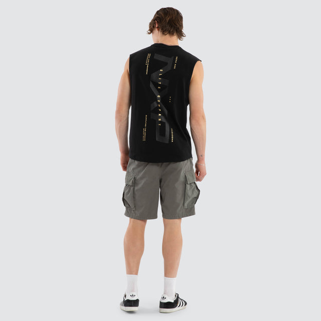 Model wears Deliberate Dual Curved Muscle Jet Black Muscle Tees Black – image 5