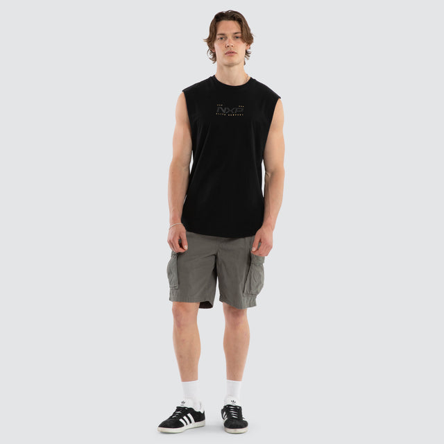 Model wears Deliberate Dual Curved Muscle Jet Black Muscle Tees Black – image 6