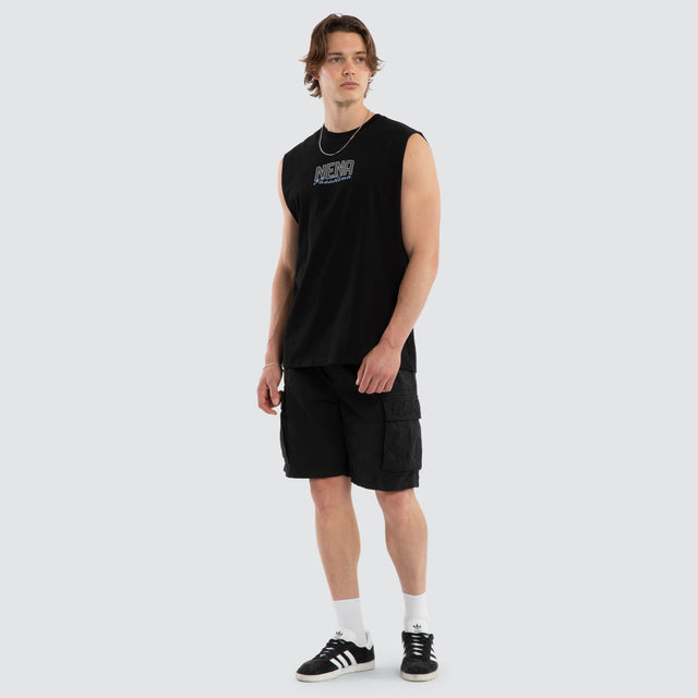 Model wears Efficient Relaxed Muscle Jet Black Muscle Tees Black – image 2