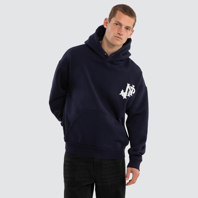 Model wears Fray Motion Box Fit Hoodie Black Iris Hoodies Black – image 1