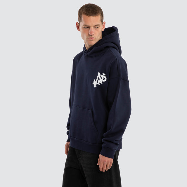 Model wears Fray Motion Box Fit Hoodie Black Iris Hoodies Black – image 3