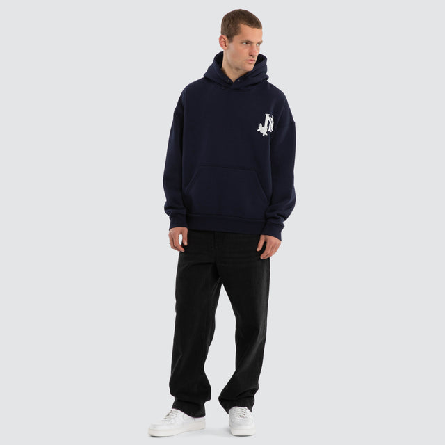 Model wears Fray Motion Box Fit Hoodie Black Iris Hoodies Black – image 5