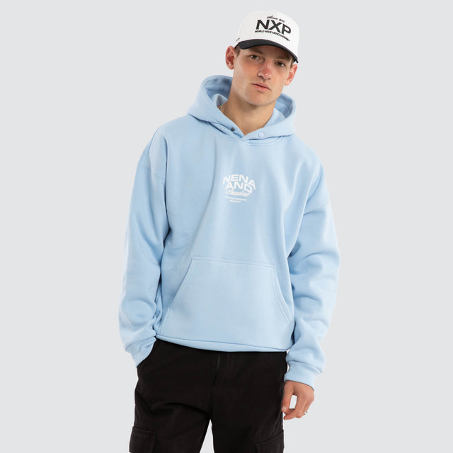 Model wears Eclipse Box Fit Hoodie Blue Bell Hoodies Blue – image 1