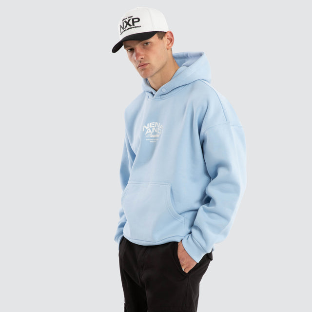 Model wears Eclipse Box Fit Hoodie Blue Bell Hoodies Blue – image 3