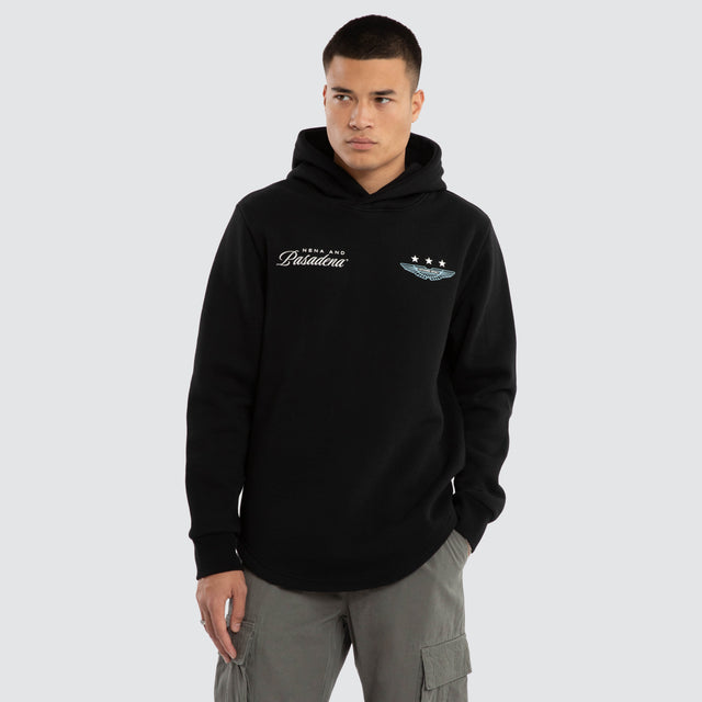 Model wears Break Dual Curved Hoodie Jet Black Hoodies Black – image 1