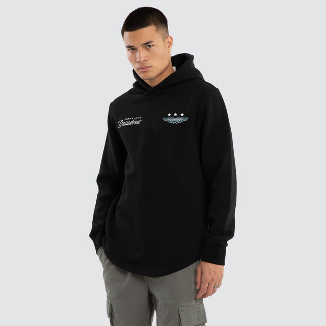 Model wears Break Dual Curved Hoodie Jet Black Hoodies Black – image 3