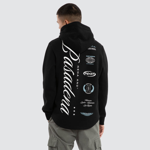 Model wears Break Dual Curved Hoodie Jet Black Hoodies Black – image 4