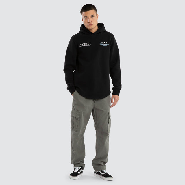 Model wears Break Dual Curved Hoodie Jet Black Hoodies Black – image 5