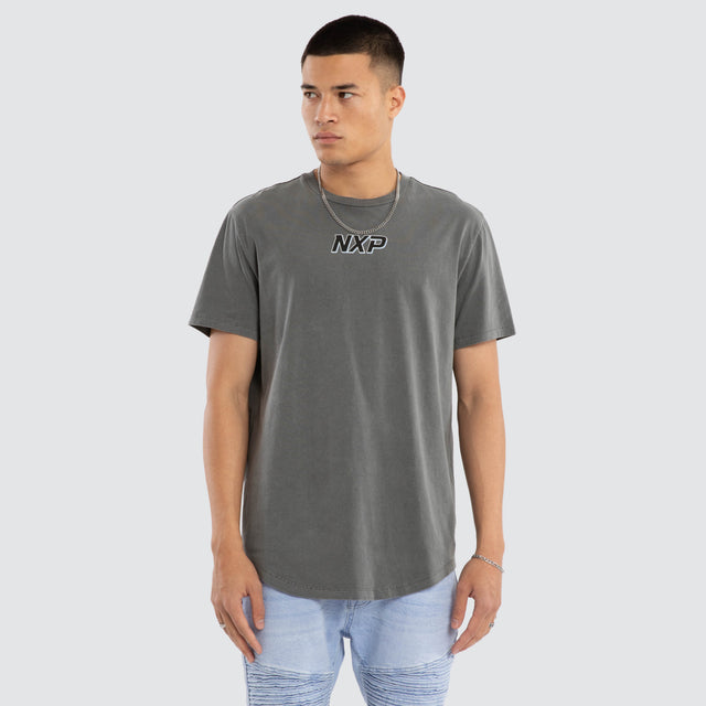Model wears All For One Dual Curved Tee Pigment Steel T-Shirts Grey – image 1